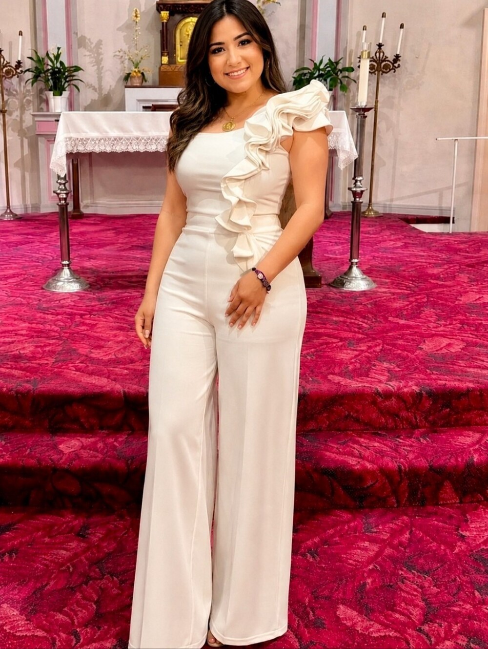 Emerald Sundae White One-Shoulder Ruffle Jumpsuit Size L - Dry Cleaned & Ready